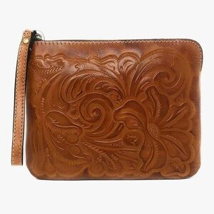 Patricia Nash Cassini Leather Wristlet Clutch Embossed Floral Tooled Brown 9x6.5